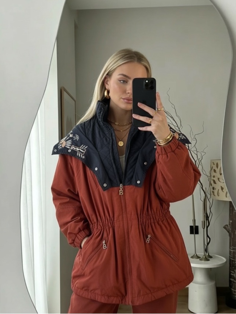 Vintage Bogner Germany Embroidered Western Ski Jacket Rust Orange
